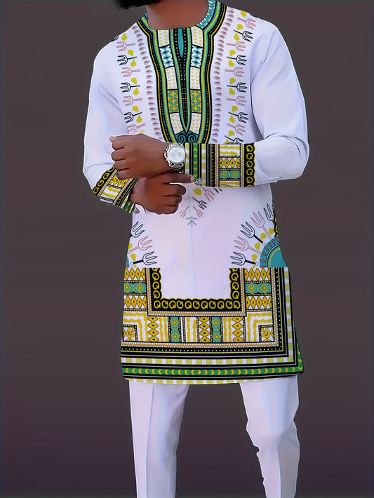 Men'S African Tribal Art Pajama Set - White & Brown Geometric Pattern, Long Sleeve Button-Up Shirt & Pants, Regular Fit Casual Sleepwear for All Seasons, Cultural Attire, Cultural Attire|Tribal Style|Buttonup Top, African Clo
