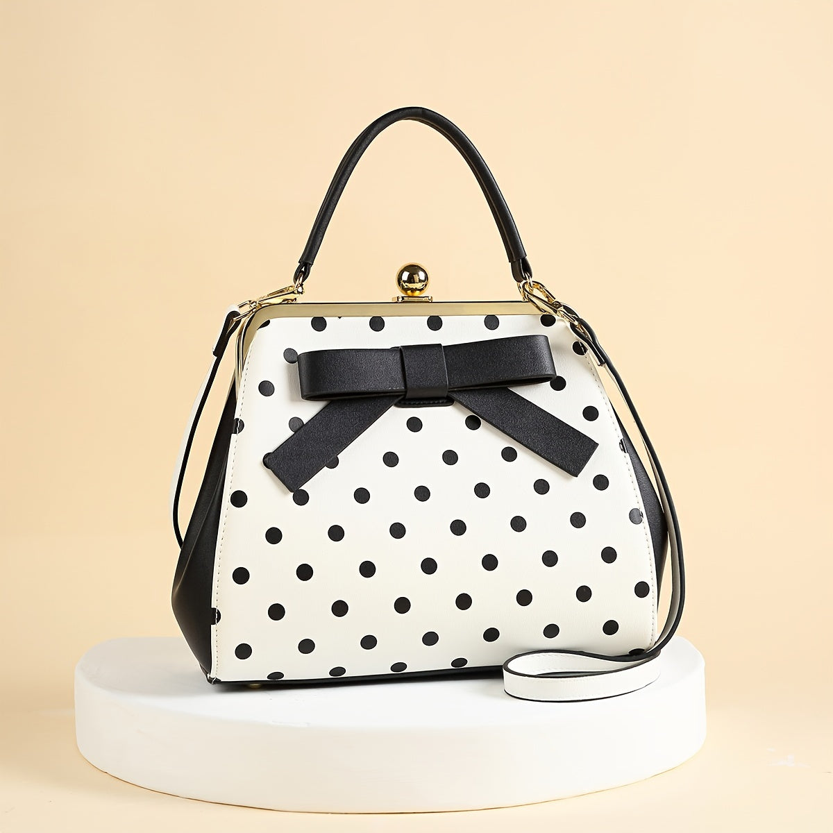 2024 Autumn New Korean Polka Dot Lacquered Handbag for Women - High Quality with Kiss Lock Closure, Removable Shoulder Strap & Bow Detail, Glossy Patent Look (Black/White, Bronze, Pink & White) - Perfect for Weddings, Parties