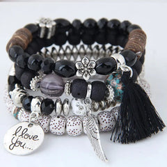 DIEZI Bohemian Multicolor Pink Crystal Beads Bracelets Women Girls Elastic Tassel Wing Letters Rope Bracelet Pulseira Feminina - SHOWLU FASHION STORE
