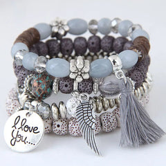 DIEZI Bohemian Multicolor Pink Crystal Beads Bracelets Women Girls Elastic Tassel Wing Letters Rope Bracelet Pulseira Feminina - SHOWLU FASHION STORE