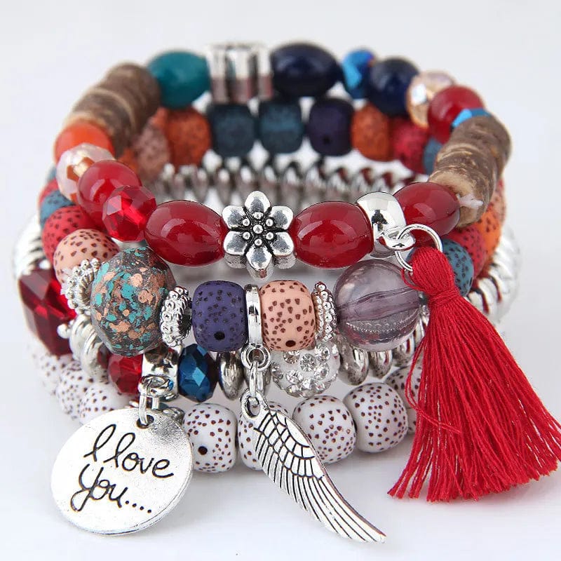 DIEZI Bohemian Multicolor Pink Crystal Beads Bracelets Women Girls Elastic Tassel Wing Letters Rope Bracelet Pulseira Feminina - SHOWLU FASHION STORE