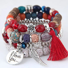 DIEZI Bohemian Multicolor Pink Crystal Beads Bracelets Women Girls Elastic Tassel Wing Letters Rope Bracelet Pulseira Feminina - SHOWLU FASHION STORE