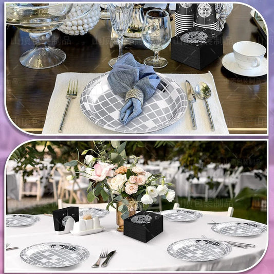 Disco Ball Theme Tableware Set Black Silver Disco Plates Napkins Cups Adults Happy Disco Birthday Party Decor Wedding Supplies - SHOWLU FASHION STORE