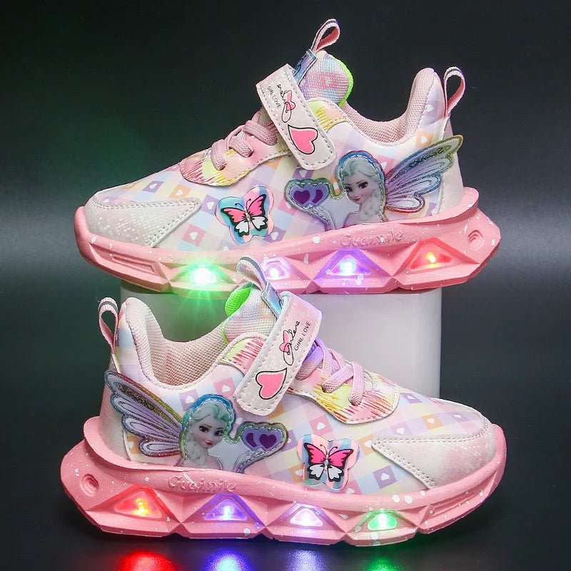 Disney Children's Sports Shoes Led Lights Sneaker Cartoon Frozen Princess Elsa PU Leather Girls' Pink Children's Running Shoes - SHOWLU FASHION STORE