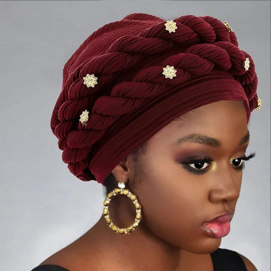 Double Braid Diamonds Halo Turban Cap Lady Cancer Chemo Caps Female Beanie Bonnet Hair Loss Cover African Head Wraps - SHOWLU FASHION STORE
