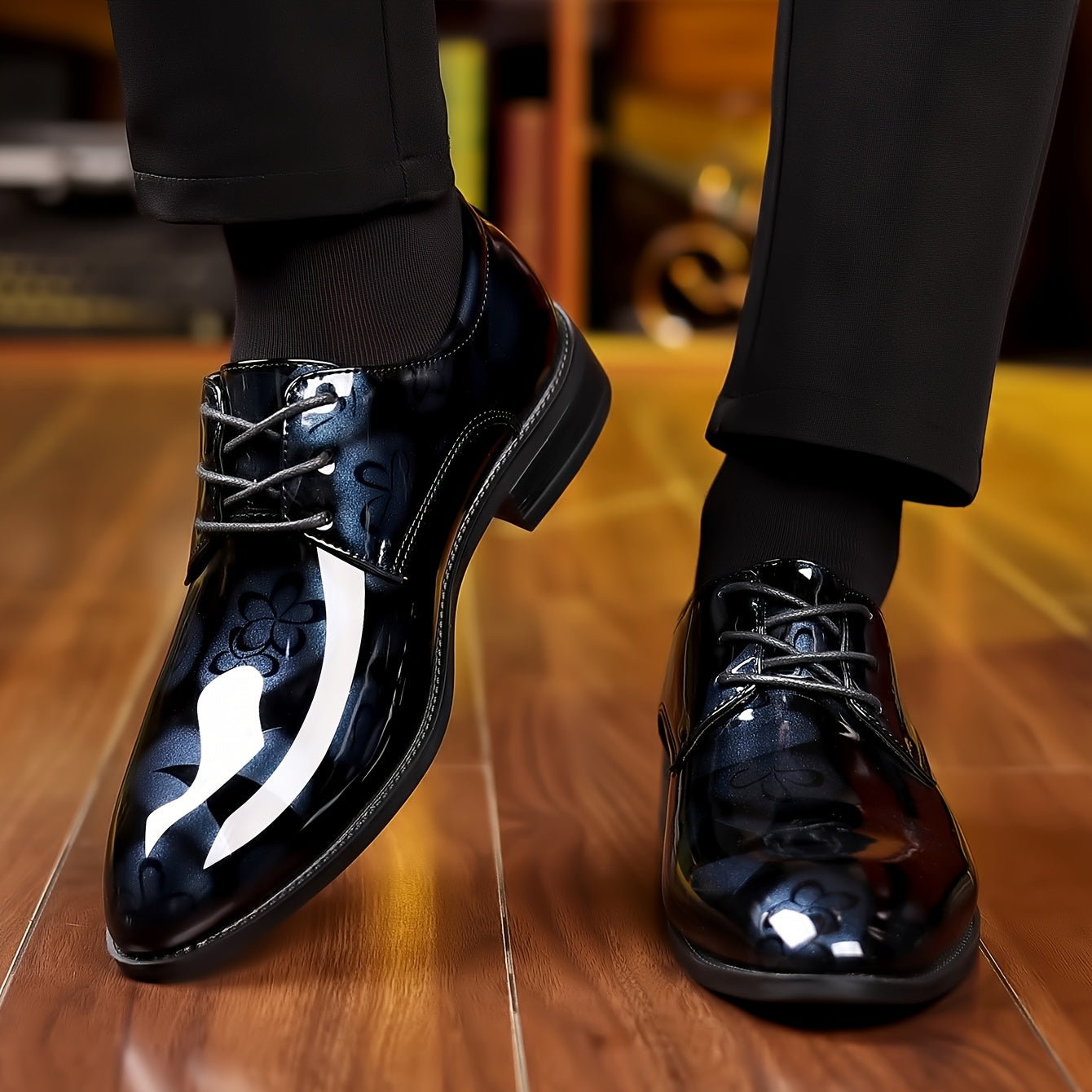 Men's Classic Lace-Up Dress Shoes - Glossy Wingtip Oxfords, Black, Formal & Casual Wear for Outdoor Events SHOWLU FASHION STORE
