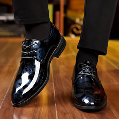 Men's Classic Lace-Up Dress Shoes - Glossy Wingtip Oxfords, Black, Formal & Casual Wear for Outdoor Events SHOWLU FASHION STORE