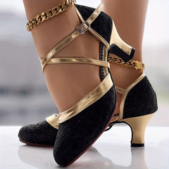 Women's Glitter D'Orsay Latin Dance Shoes, Crisscross Buckle Strap Chunky Mid Heels, All-Match Dress Dance Pumps SHOWLU FASHION STORE