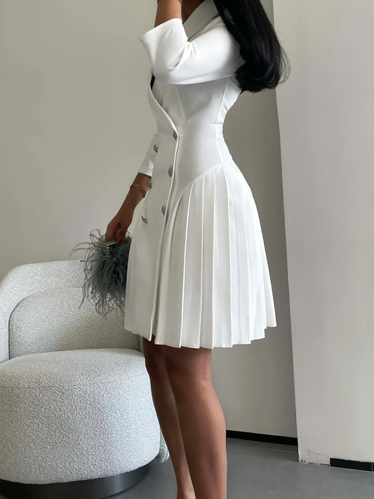 Women's Elegant V-Neck Pleated Button-Front A-Line Dress - Solid Color Machine Washable All-Season Versatile Office to Party Wear, Office Dress, Seasonal Fashion, Nontransparent Material, Decorative Fabric Ruching