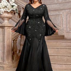 Elegant Plus Size Sequin Lace Dress with V-Neck & Long Bell Sleeves - Fitted Waist Mermaid Tulle Hem Formal Gown for Weddings, Parties, Spring/Summer Events, Mermaid Wedding Dress, Wedding Guest Attire, Sophisticated Craftsma