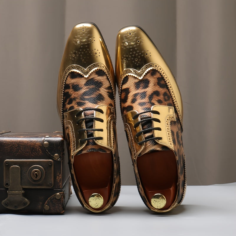 [Leopard Print Oxfords] Stylish Men's Leopard Print Oxfords - Golden Accents Dress Shoes with Brogue Detailing for Weddings, Parties & Business Casual Events SHOWLU FASHION STORE