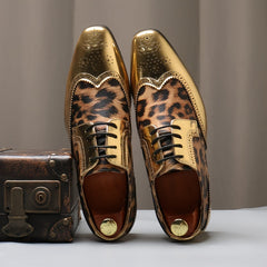 [Leopard Print Oxfords] Stylish Men's Leopard Print Oxfords - Golden Accents Dress Shoes with Brogue Detailing for Weddings, Parties & Business Casual Events SHOWLU FASHION STORE