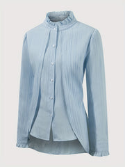 Women's Elegant Long Sleeve Blouse with Puffed Shoulders & Ruffled Cuffs - Semi-Sheer Textured Button-Up Shirt, Stack Neck Non-Stretch Top for Spring Summer Fall, Machine Washable, Seasonal Fashion, Pileated Collar, Flowing F