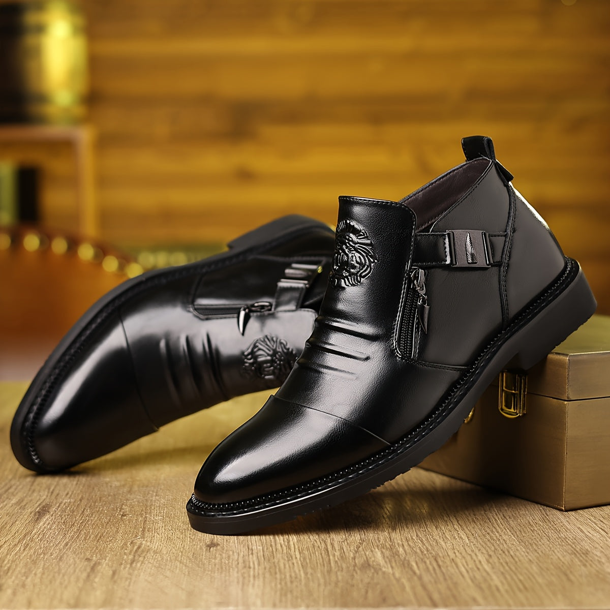 Men's Elegant Black Ankle Boots with Embossed Lion Design - Glossy Finish, Side Zipper & Buckle Straps, Durable PU Material - Perfect for Casual, Hiking & Outdoor Wear in All Seasons SHOWLU FASHION STORE