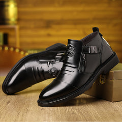 Men's Elegant Black Ankle Boots with Embossed Lion Design - Glossy Finish, Side Zipper & Buckle Straps, Durable PU Material - Perfect for Casual, Hiking & Outdoor Wear in All Seasons SHOWLU FASHION STORE