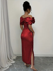 [Elegant Bodycon Dress] Red Women's Elegant Off-Shoulder Bodycon Maxi Dress | Ruching Detail, Low Slit, Waist-Cinching, Perfect for Spring/Summer Events, Formal Event Attire