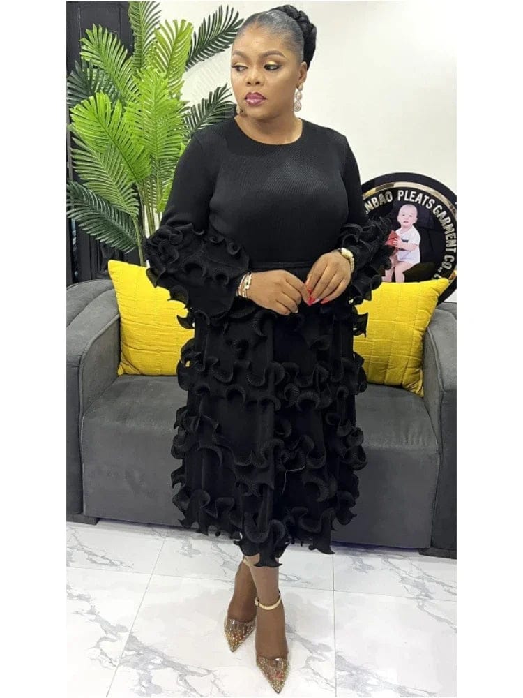 EGRM Belt Pleated Miyake Dress Fashion Round Neck Long Sleeves Fungus Spliced Solid Elegant Dresses for Women 2024 New 5GR2974 - SHOWLU FASHION STORE