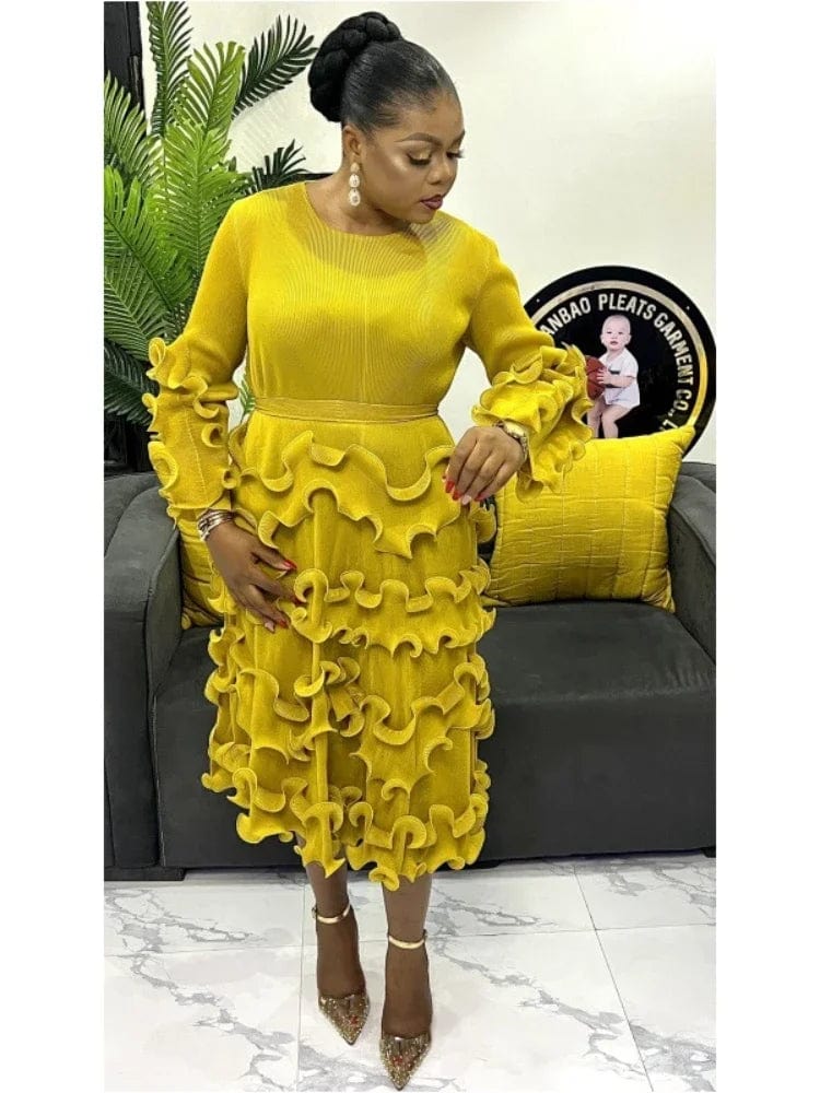 EGRM Belt Pleated Miyake Dress Fashion Round Neck Long Sleeves Fungus Spliced Solid Elegant Dresses for Women 2024 New 5GR2974 - SHOWLU FASHION STORE