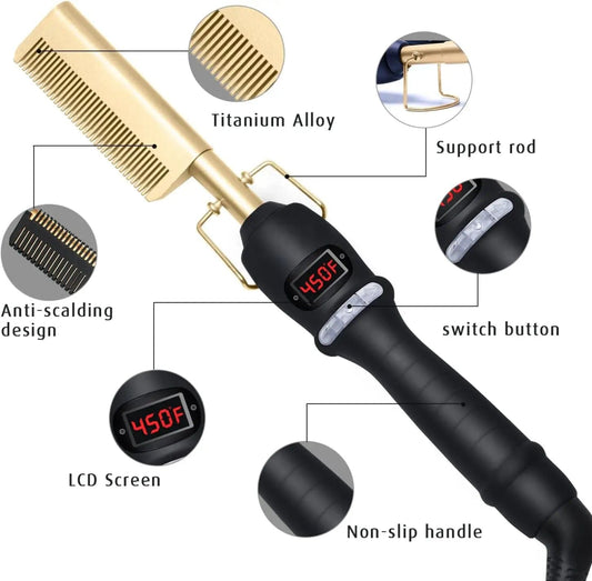 Electric Hot Comb Hair Straightener Heating Comb Ceramic LCD Straightener Brush for Wigs American African Hair Styling Tools - SHOWLU FASHION STORE