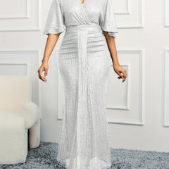 Elegant Beige Sequin V - Neck Dress - Sophisticated Ruched Bodycon with Ruffle Sleeves, Polyester & Elastane Blend, Perfect for Evening & Banquets, Banquet Attire|Elegant Bodycon Dress|Elastane Fabric - SHOWLU FASHION STORE