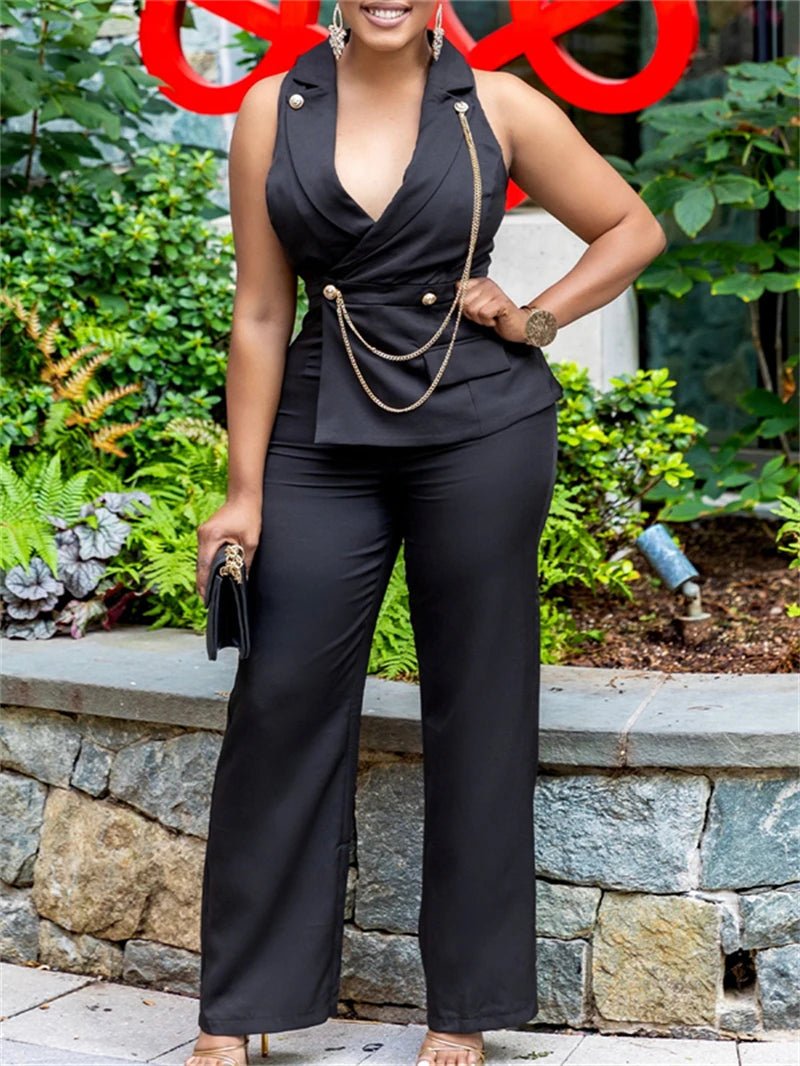 Elegant Blazer Jumpsuits Summer Clothes Women Sleeveless V - Neck Straight Pants Rompers Playsuits OL Style One Pieces Overalls - SHOWLU FASHION STORE