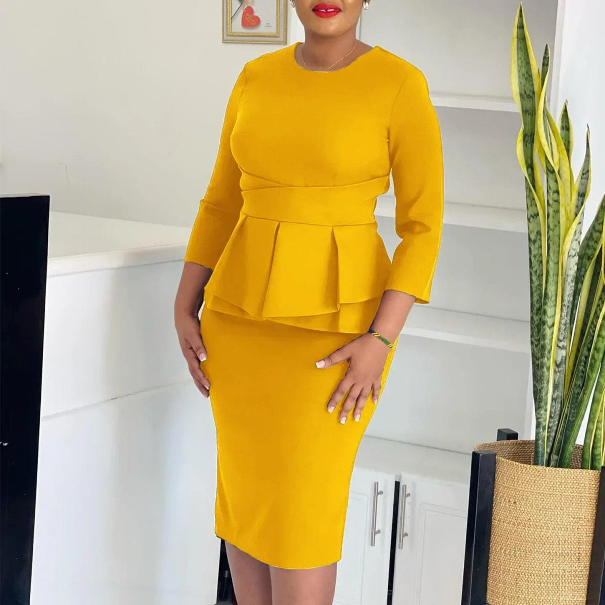 Elegant Church Dresses for Women Peplum 3/4 Sleeves Hidden Belly Office Lady Autumn New Fashion Modest Package Hip Gowns African - SHOWLU FASHION STORE