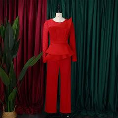 Elegant Jumpsuits for Women 2024 Luxury Round Neck Beaded Full Sleeve High Waisted Straight Female Birthday Party Dinner Outfits - SHOWLU FASHION STORE