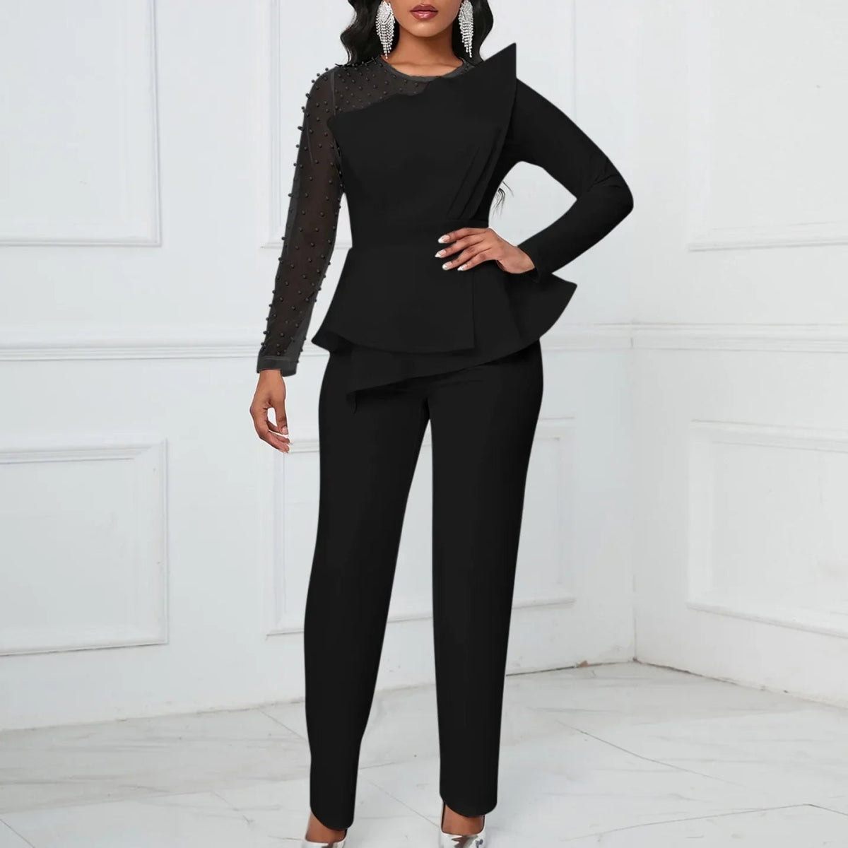 Elegant Jumpsuits for Women 2024 Luxury Round Neck Beaded Full Sleeve High Waisted Straight Female Birthday Party Dinner Outfits - SHOWLU FASHION STORE