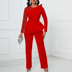 Elegant Jumpsuits for Women 2024 Luxury Round Neck Beaded Full Sleeve High Waisted Straight Female Birthday Party Dinner Outfits - SHOWLU FASHION STORE