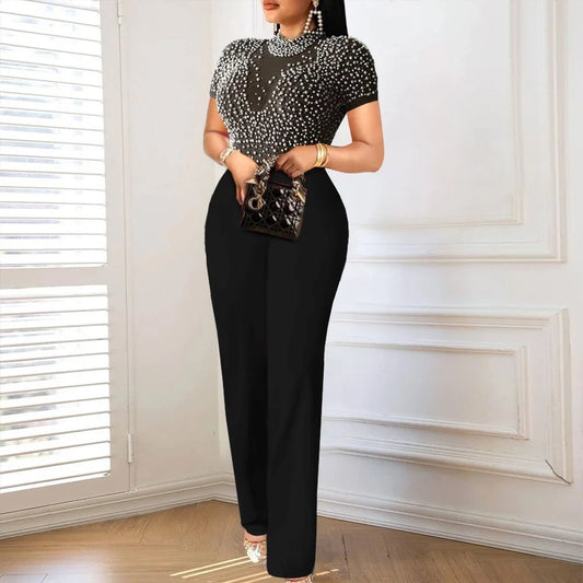 Elegant Jumpsuits & Rompers for Women O Nec Short Sleeve Beaded High Waisted Luxury Female Birthday Dinner Party Overalls Outfit - SHOWLU FASHION STORE
