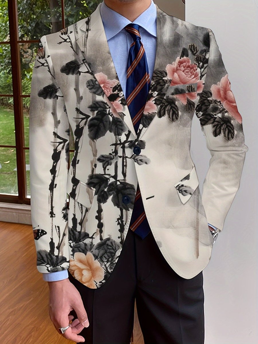 Elegant Men's Blazer - Casual & Formal, Long Sleeve, Button - Up Suit Jacket with Floral Print, Perfect for All Seasons - SHOWLU FASHION STORE