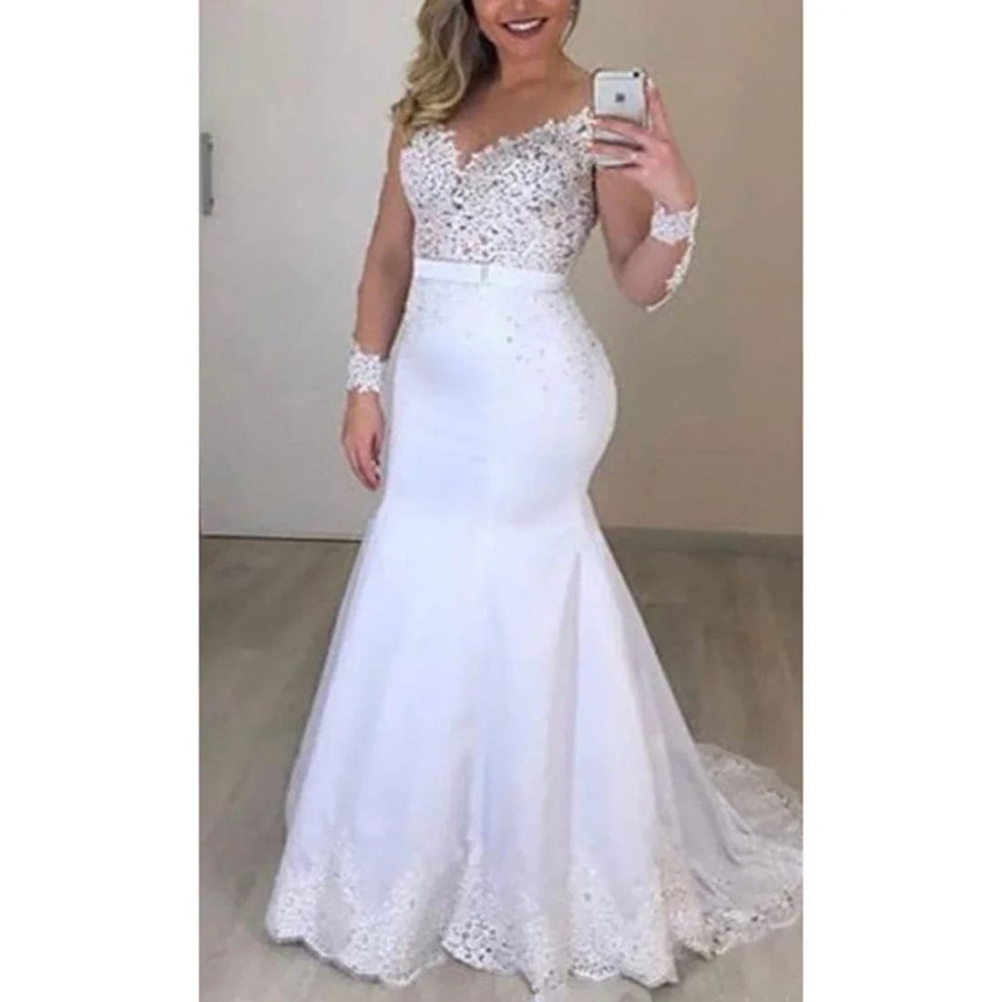 Elegant O - Neck Mermaid Wedding Dresses with Lace Appliques and Long Sleeves Customized - SHOWLU FASHION STORE