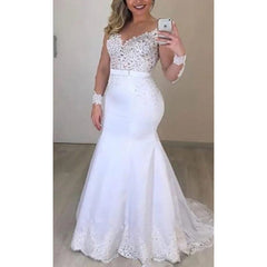 Elegant O - Neck Mermaid Wedding Dresses with Lace Appliques and Long Sleeves Customized - SHOWLU FASHION STORE