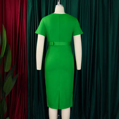 Elegant Office Dresses for Women V Neck Short Sleeve Belt Waisted Straight Mid Calf Formal Female Business Work Wear Dress Midi - SHOWLU FASHION STORE