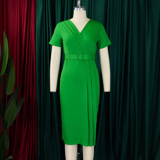 Elegant Office Dresses for Women V Neck Short Sleeve Belt Waisted Straight Mid Calf Formal Female Business Work Wear Dress Midi - SHOWLU FASHION STORE