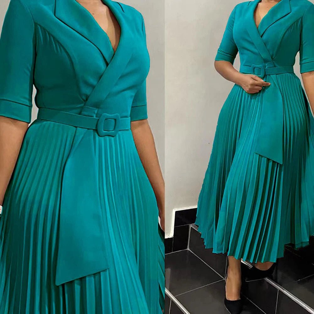 Elegant Office Ladies Dresses 2024 Autumn Fall Notched Collar Half Sleeve Belt Waisted Mid Calf Female Birthday Party Dress Midi - SHOWLU FASHION STORE