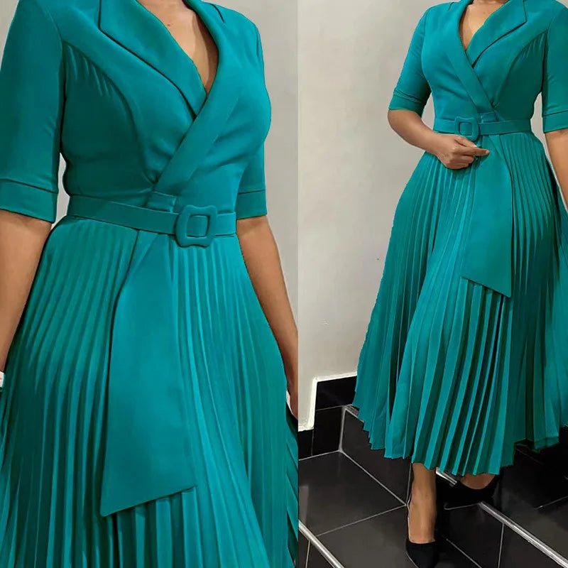 Elegant Office Ladies Dresses 2024 Autumn Fall Notched Collar Half Sleeve Belt Waisted Mid Calf Female Birthday Party Dress Midi - SHOWLU FASHION STORE