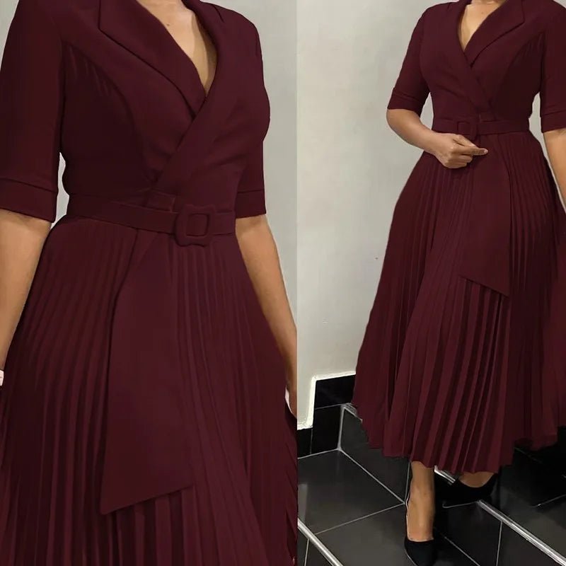 Elegant Office Ladies Dresses 2024 Autumn Fall Notched Collar Half Sleeve Belt Waisted Mid Calf Female Birthday Party Dress Midi - SHOWLU FASHION STORE