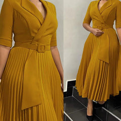Elegant Office Ladies Dresses 2024 Autumn Fall Notched Collar Half Sleeve Belt Waisted Mid Calf Female Birthday Party Dress Midi - SHOWLU FASHION STORE