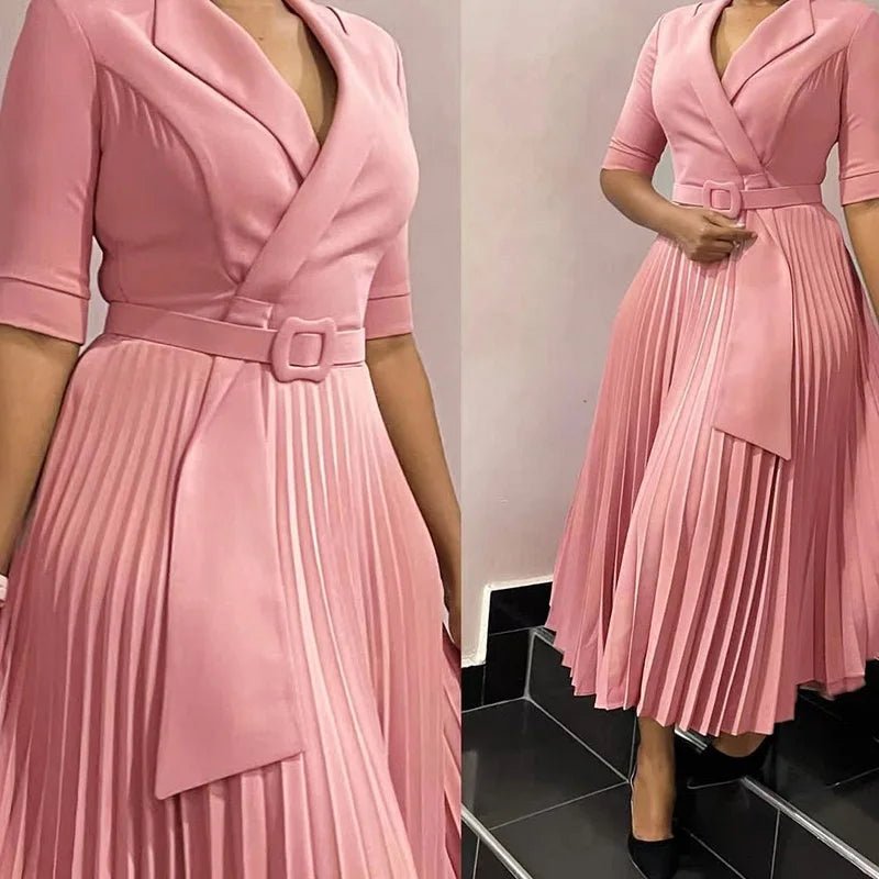 Elegant Office Ladies Dresses 2024 Autumn Fall Notched Collar Half Sleeve Belt Waisted Mid Calf Female Birthday Party Dress Midi - SHOWLU FASHION STORE