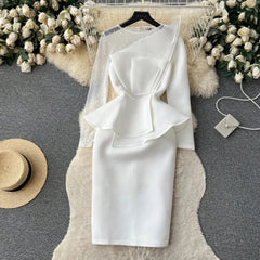 Elegant Sexy High Waist Rhine Stone Patchwork Ruffle Long Sleeve Dress Fairy Slim Women Party Hip Wrap Dress - SHOWLU FASHION STORE