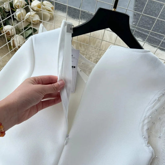 Elegant Sexy High Waist Rhine Stone Patchwork Ruffle Long Sleeve Dress Fairy Slim Women Party Hip Wrap Dress - SHOWLU FASHION STORE