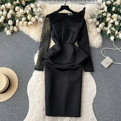 Elegant Sexy High Waist Rhine Stone Patchwork Ruffle Long Sleeve Dress Fairy Slim Women Party Hip Wrap Dress - SHOWLU FASHION STORE