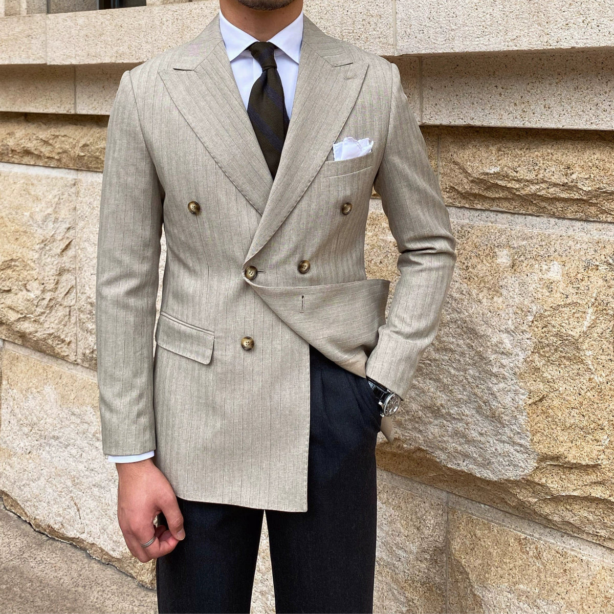 Elegant Slim Double - Breasted Stripes All - Match Commute Suit - SHOWLU FASHION STORE