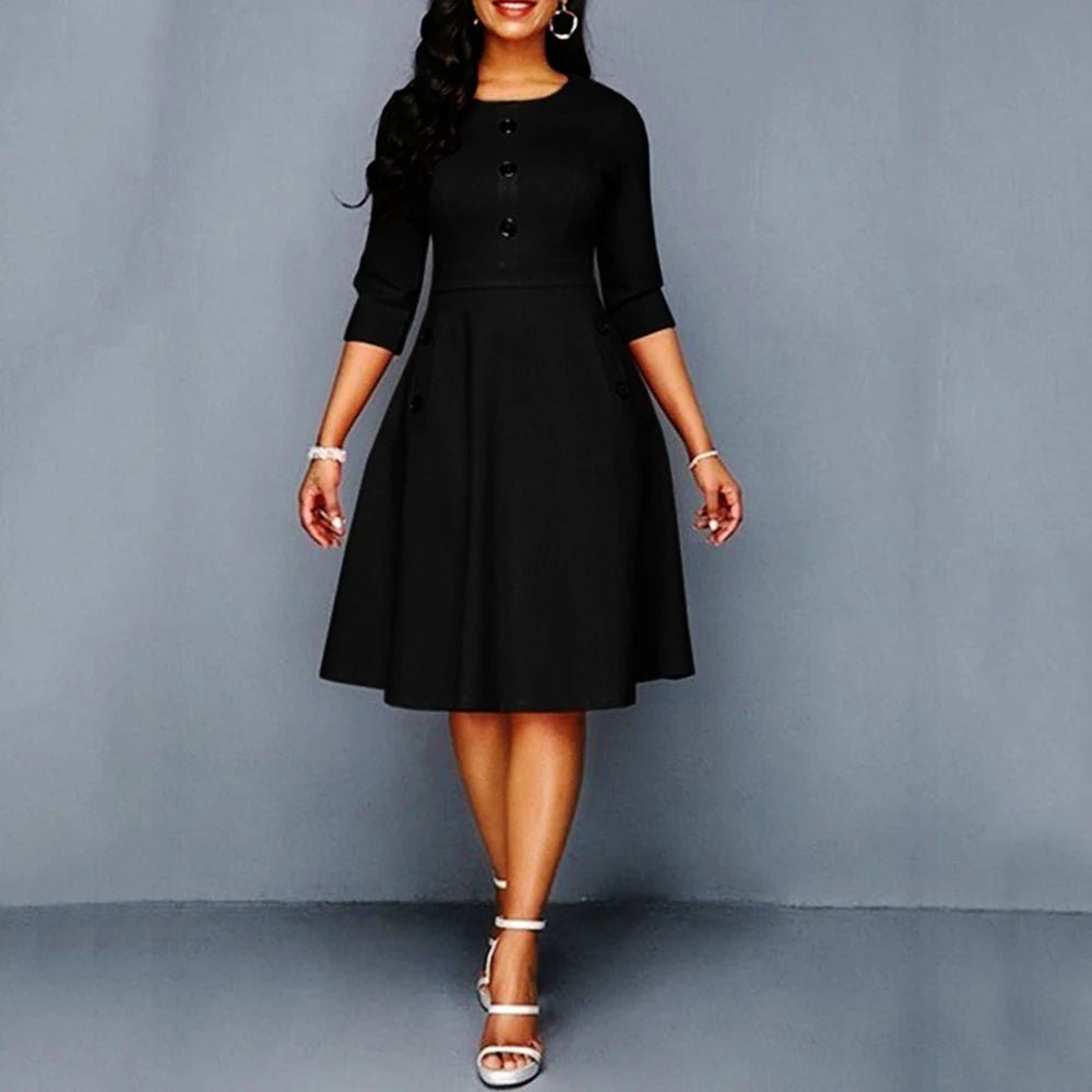 Elegant Solid A - Line Dresses for Women Fashion O - Neck Single - Breasted Design Pockets Decor High Waist Party Dress Slim Vestidos - SHOWLU FASHION STORE