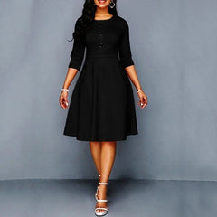 Elegant Solid A - Line Dresses for Women Fashion O - Neck Single - Breasted Design Pockets Decor High Waist Party Dress Slim Vestidos - SHOWLU FASHION STORE