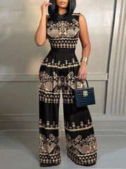 Elegant Women Wide Leg Long Juumpsuit 2024 Spring Summer Fashion Printed Sleeveless Casual Holiday Bodysuits Jumpsuits Trousers - SHOWLU FASHION STORE