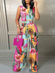 Elegant Women Wide Leg Long Juumpsuit 2024 Spring Summer Fashion Printed Sleeveless Casual Holiday Bodysuits Jumpsuits Trousers - SHOWLU FASHION STORE