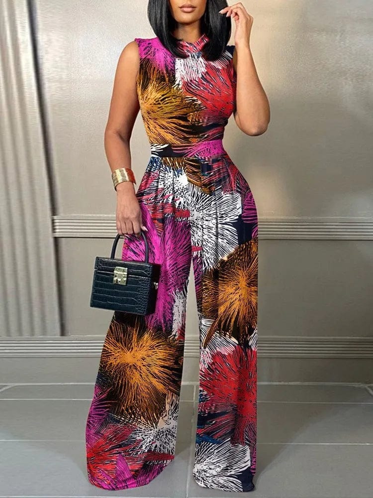 Elegant Women Wide Leg Long Juumpsuit 2024 Spring Summer Fashion Printed Sleeveless Casual Holiday Bodysuits Jumpsuits Trousers - SHOWLU FASHION STORE