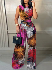 Elegant Women Wide Leg Long Juumpsuit 2024 Spring Summer Fashion Printed Sleeveless Casual Holiday Bodysuits Jumpsuits Trousers - SHOWLU FASHION STORE